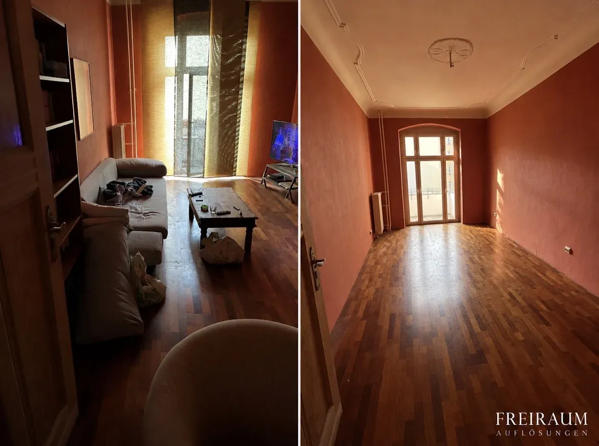 Vorher-Nachher: Altbau-Wohnzimmer mit Parkett und Stuck – vor der Auflösung vollmöbliert, danach leer geräumt.