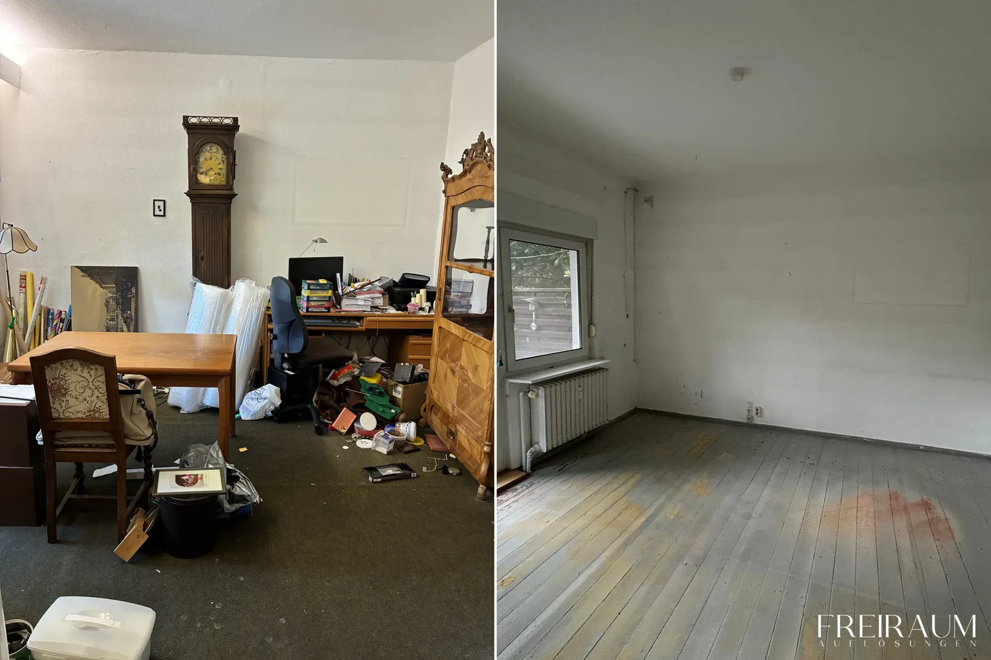Vorher-Nachher: Arbeitszimmer mit Schreibtisch, Standuhr und Möbeln, danach leer mit Dielenboden.