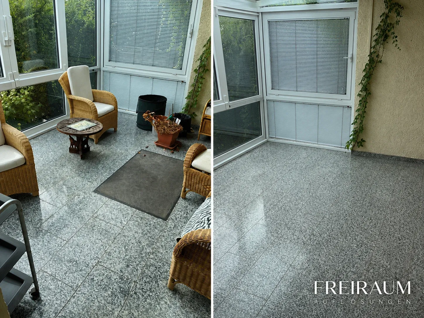 Vorher-Nachher: Wintergarten mit Korbmöbeln und Pflanzen, danach leer mit gereinigtem Steinboden.
