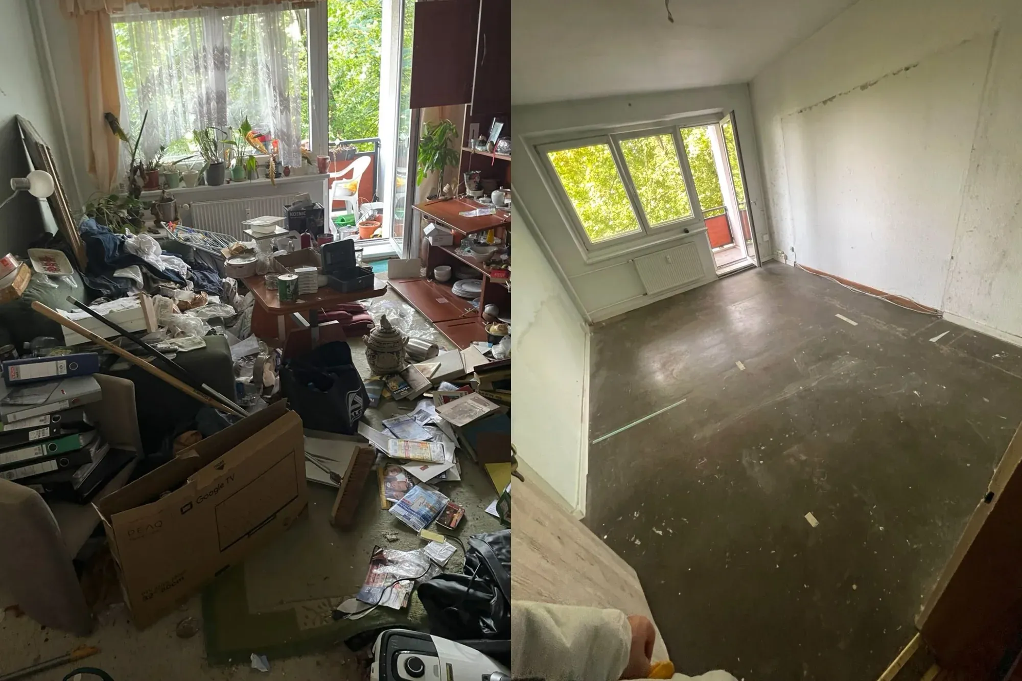 Vorher-Nachher: Zimmer voller Akten, Kartons und Hausrat, danach vollständig geräumt und besenrein.