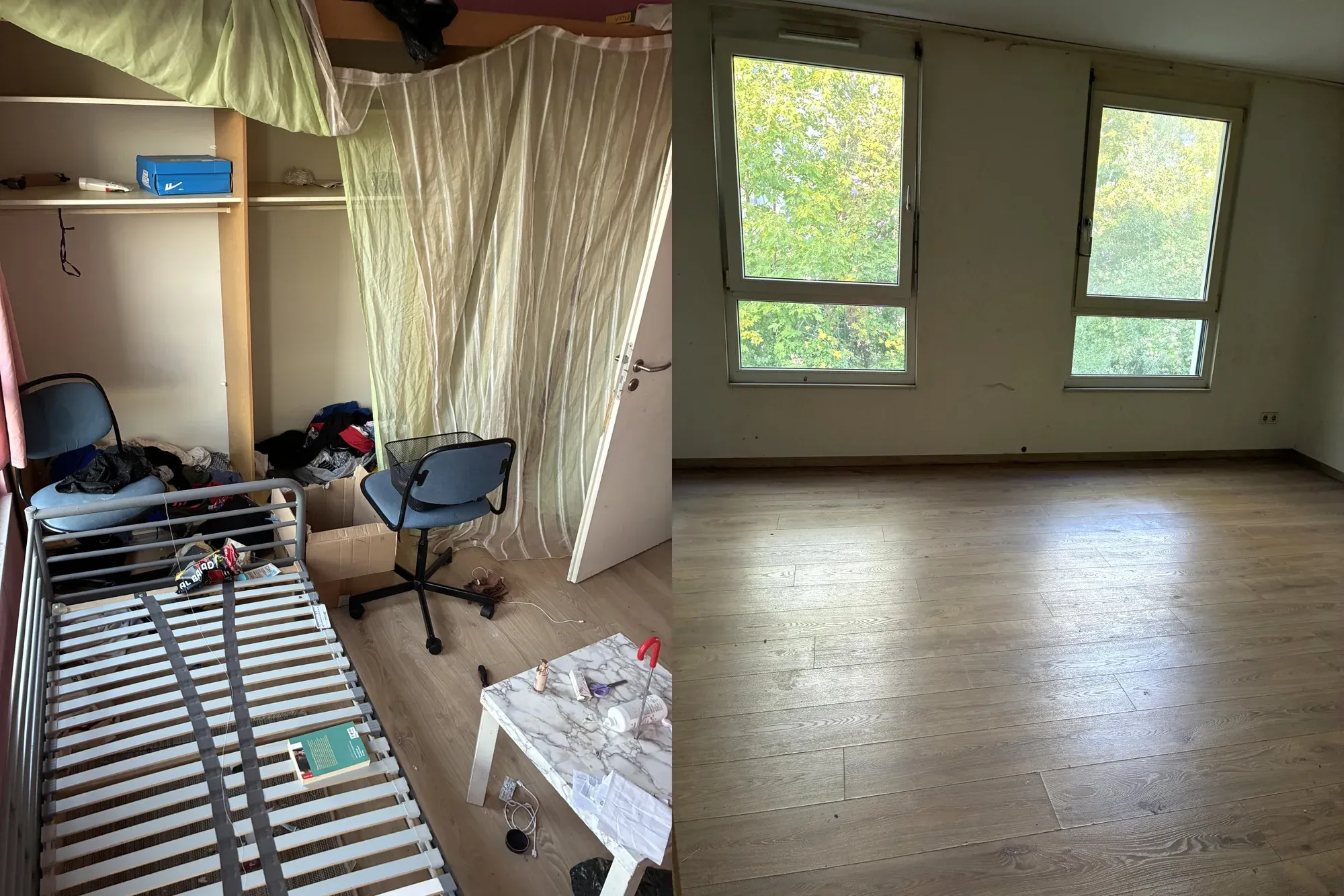 Vorher-Nachher: Möbliertes Zimmer mit Bettgestell und Schreibtisch, danach leer geräumt mit sauberem Laminat.