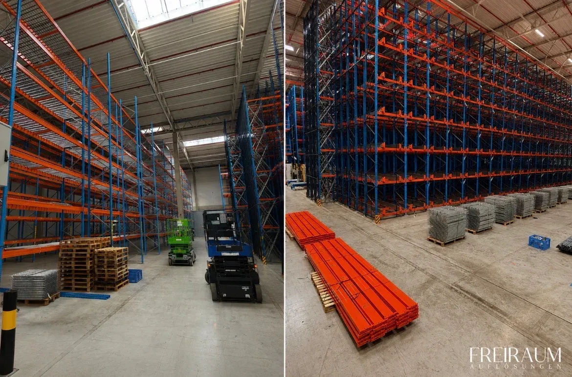 Zwei Arbeitsstände der Regaldemontage: links die Anlage mit Hubarbeitsbühnen im Gang, rechts gebündelte orange Traversen und palettierte Gitterböden vor dem verbliebenen Regalblock.