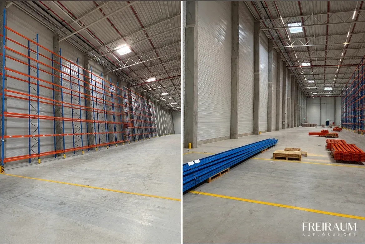 Vorher-Nachher: Hohe blau-orange Palettenregalanlage entlang einer Logistikhallenwand – danach leere Halle mit palettierten Regalbauteilen auf dem Boden.