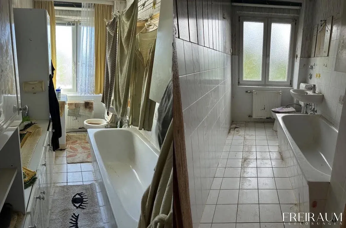 Vorher-Nachher: Badezimmer vor der Räumung – danach vollständig geräumt.
