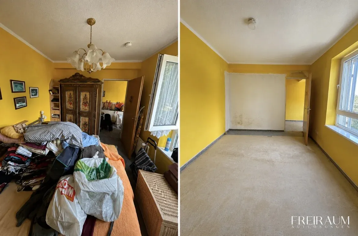Vorher-Nachher: Schlafzimmer voller Kleidung und Kartons – danach vollständig geräumt.