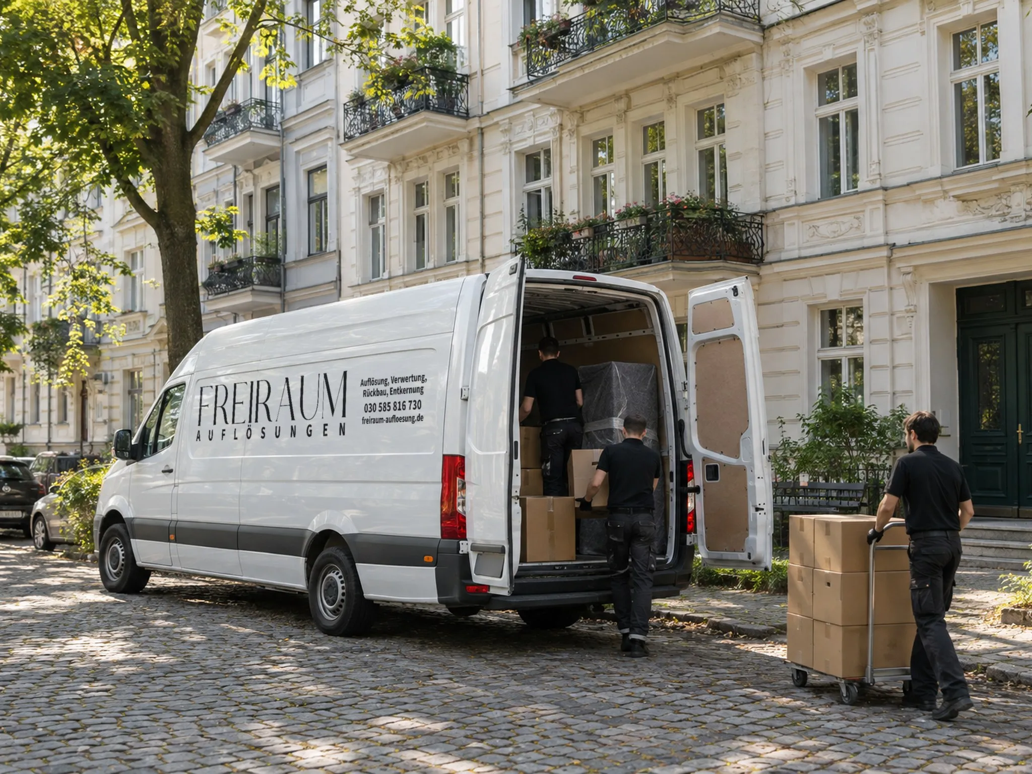 Freiraum-Transporter vor einem Berliner Altbau, das Team belädt Kartons und Möbel