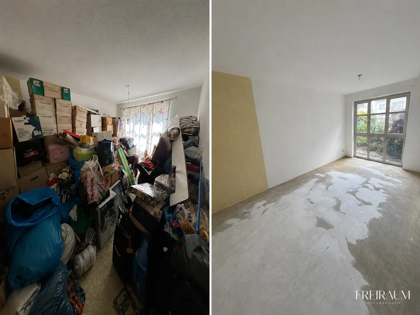 Vorher-Nachher: Mit Kartons und Säcken vollgestelltes Gästezimmer – danach vollständig geräumt.